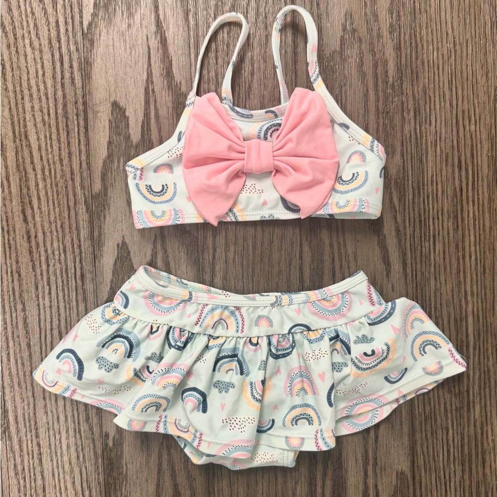Ruffle Butts Two Piece Rainbow Swim Suit with Pink Bow 18-24M Girls